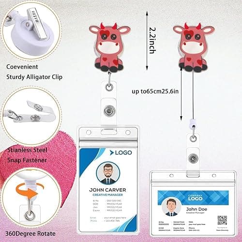 Valentines Cute Pink Cow Badge Reel for Nurse with Heart Design Funny Holiday Retractable Alligator Clip Acrylic Badge Reel for Nursing Doctors Teacher Social Worker Business Card thumbnail 5