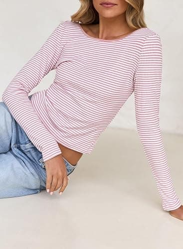 Falechay Long Sleeve Shirts for Women Sexy Backless Striped Tops Going Out T-Shirt Y2K Crop Womens Blouse Boat Neck Outfit thumbnail 6
