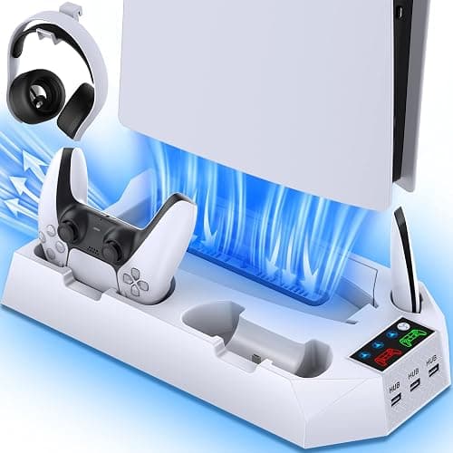 PS5/PS5 Slim/PS5 Pro Stand and Cooling Station with Dual Controller Charging Station for PlayStation 5 Console, PS5 Accessories Incl. Controller Charger, Cooling Fan, Headset Holder, 3 USB Hub, White - Image 1