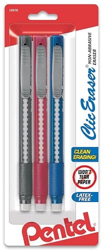 Pentel Clic Retractable Eraser with Grip, Assorted Barrel Colors (ZE21BP3M) (Pack of 3) - Image 1