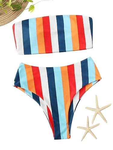 SweatyRocks Women's Bathing Suits Striped Bandeau Bikini high Waisted Swimsuits Swimwear Set thumbnail 2
