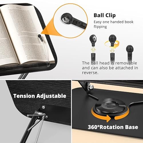 SupeDesk Book Stand for Reading, Adjustable Book Holder with 360° Rotating Bases, Foldable Designs, and Elastic Clips, Multifunctional Display Stand for Recipe, Cookbooks, Magazines, Tablets (Black) thumbnail 5