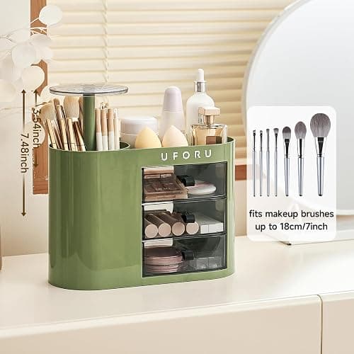 UFORU Makeup Organizer with Pop-Up Brush Holder for Dresser Vanity, Plastic Bathroom Counter Organizer with 3 Drawers & Dust-Proof Cover, Cosmetic Display Case for Lipstick, Skincare, Vintage Green thumbnail 3