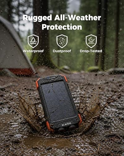 BLAVOR Solar Power Bank 10,000mAh Portable Wireless Charger for Cell Phones | 20W USB-C battery pack, battery bank, IPX5 waterproof, 2 flashlights, camping essentials, hiking gear, emergency solar backup thumbnail 5