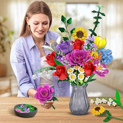 PLAXSOON Flower Bouquet Building Set, 18 Flowers Rose Building Block, 1065 PCS Botanical Collection Building Block Toy Plant Home Decor, Gift for Her Adults Women Kids Boys Girls 12+ thumbnail 2