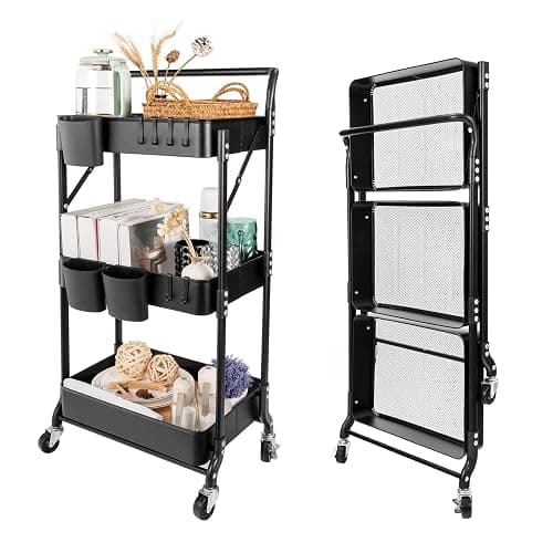 3 Tier Foldable Rolling Cart with Wheels, Folding Utility Cart Organizer, Collapsible Rolling Storage Cart with 3 Hanging Cups & 6 Hooks for Kitchen, Office, Nursery(Black) - Image 1