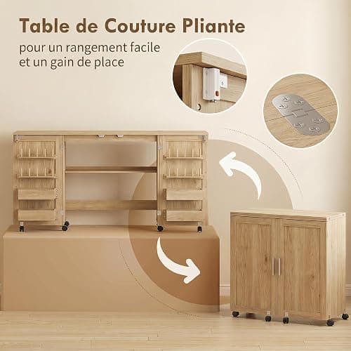 HOMCOM Table de Couture Pliante à roulettes 2 Portes Magnétiques Chêne | Meuble Couture, 4 Bacs, 20 Crochets, Étagère de Rangement, Meuble Machine à Coudre pour Salon Bureau Studio thumbnail 5