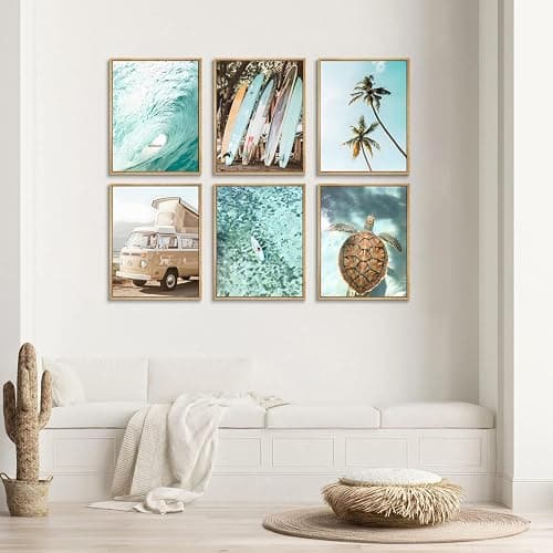 Laywhq Coastal Beach Wall Art Summer Ocean Surf Tropical Canvas Wall Decor Summer Nautical Palm Tree Turtle Surfboard Bus Room Paintings Prints Posters for Bedroom Living Room Set of 6 8x10in Unframed thumbnail 2