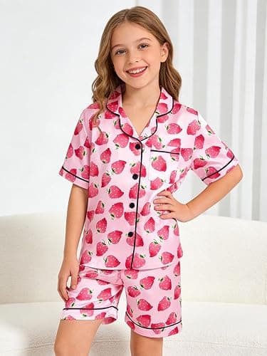 Vopawetty Satin Pajamas for Girls, 4-Piece Short Sleeve Button Down Silky PJ Set thumbnail 2