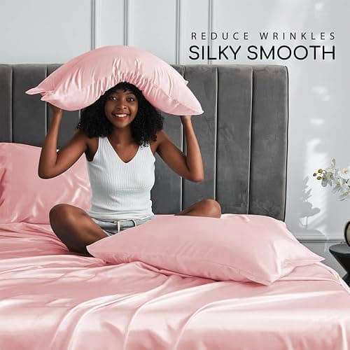 MR&HM Satin Bed Sheets, Full Size Sheets Set, 4 Pcs Silky Bedding Set with 15 Inches Deep Pocket for Mattress (Full, Light Pink) thumbnail 3