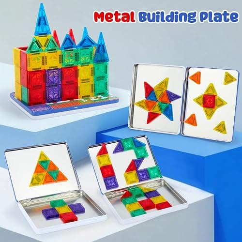 Gemmicc 58 PCS Mini Magnetic Tiles, Travel Magnet Construction Toys with Metal Storage Box, Sensory Montessori Toys for Boys Girls thumbnail 4