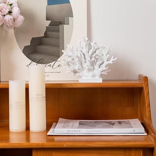 Elegondrar 5.8" H White Coral Decor, Resin Coral Statue, Nautical Decorations for Home, Bedroom, Bathroom, Living Room, Beach/Coastal/Ocean Themed Cabinet Shelf Tabletop Decor thumbnail 3