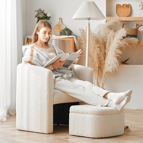 COLAMY Upholstered Sherpa Barrel Accent Chair with Storage Ottoman, Morden Living Room Side Chair, Single Sofa Armchair with Lounge Seat for Bedroom/Office/Reading Spaces, Cream thumbnail 4