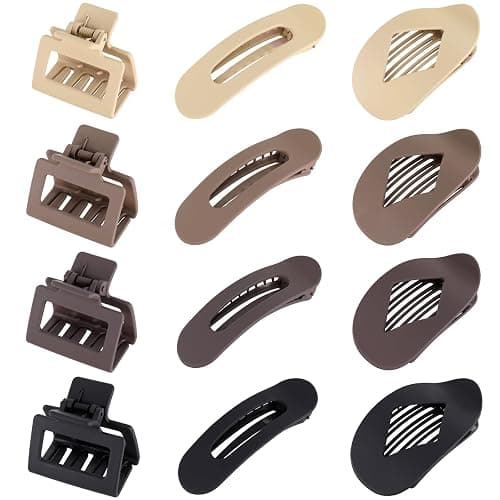12 Pcs Flat Hair Clips for Women, 3 Styles Matte Square Hair Clips and Flat Clips, Big and Small Neutral Colors Non-slip Flat Claw Clips Thin Thick Curly Straight Hair Accessories - Image 1