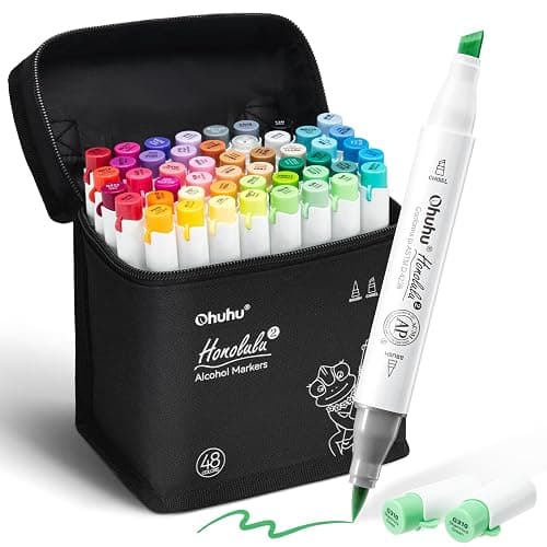 Ohuhu Alcohol Markers Brush and Chisel Tip: 48-Color Double Tipped Art Marker Set for Artist Adults Cozy Coloring Illustrations - Honolulu 2- Brush and Chisel Dual Tips- Refillable - AP Certificated - Image 1