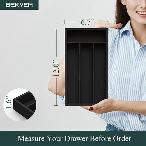 Small Silverware Organizer, Bamboo Kitchen Drawer Organizer, Utensil Holder, Cutlery Tray & Spoon Flatware Storage with Grooved Drawer Dividers (Black) - Small 12x6.7 Inch - Black thumbnail 6