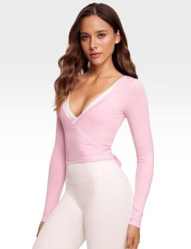 INGIA Womens V-Neck Long Sleeve Cross Wrap Top Slim Fit Soft Knit Layering Shirt Casual Yoga Gym Bandage Tie Tops thumbnail 4