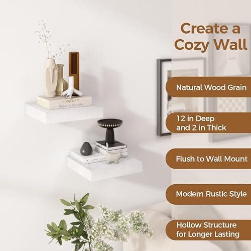 Fun Memories 12 Inch Floating Shelf, Rustic Wood Wall Shelves for Wall Decor & Storage, 12 x 12 Floating Shelf for Living Room, Bathroom, Bedroom, White, Set of 2 thumbnail 5