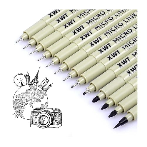 XWT 12+1 Fineliner Drawing Art Pens, Black Waterproof Pigment Ink Set for Artists, Sketching, Manga, Watercolor, Calligraphy, and Detail Outlining Archival Quality Inking Markers - Image 1