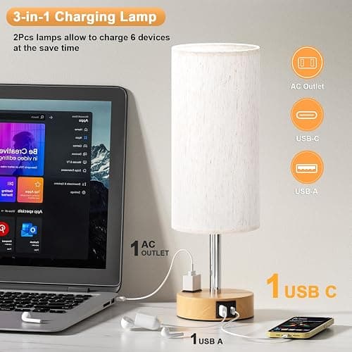 Table Lamp for Bedroom Set of 2 - Touch 3 Way Dimmable Bedside Lamps with USB C and A Ports, Night Lamp for Nightstand with AC Outlet, Desk Lamps for Living Room, Reading Room, Kids Room, Office thumbnail 4