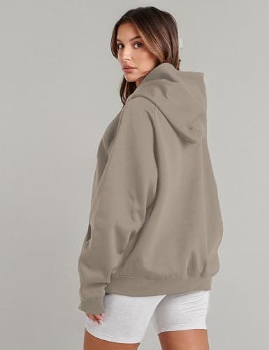 Lauweion Women Solid Basic Fleece Letter Loose Hoodie Sweatshirt Long Sleeve Kangaroo Pocket Drop Shoulder Pullovers Top thumbnail 6