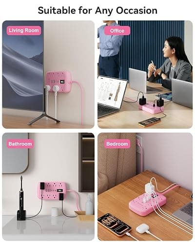 Pink Extension Cord with 6 USB(3 USB-C) 8 Outlets, Flat Plug Power Strip | 5FT, 1625W, Surge Protector, USB-C (15W), Cute Kawaii Pink Office Dorm Home Room Decor, Desk Accessories for Women Girl thumbnail 8