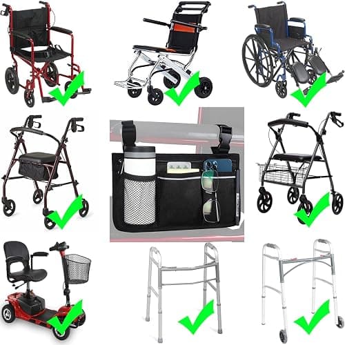 HSGEZUOQI Wheelchair Side Bag, Armrest Storage Pouch with Cup Holder and Reflective Strip Use of Waterproof Fabric for Most Wheelchairs, Walkers or Rollators (Black) thumbnail 6