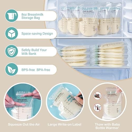 Cozypepe 100 Pcs Breastmilk Storage Bags, 8oz Breast Milk Storing Bag with Pour Spout, Temperature-Sensing Color Change Milk Bag for Convenient Breastfeeding, No Leak Presterilized for Freezer thumbnail 6