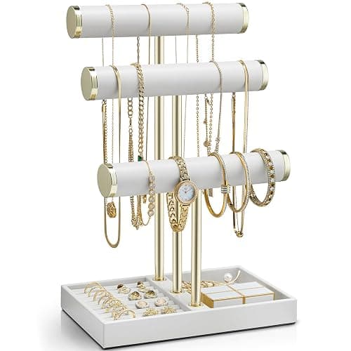 Vlando 3 Tier Bracelet Holder 0rganizer with Tray - Leather Jewelry Stand Organizer for Women - Jewelry Holder Display for Necklace, Watches, Rings, Earrings, Bangle, Scrunchie - White - White - Image 1