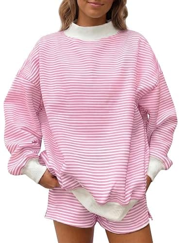 Fisoew Womens Striped 2 Piece Outfits Lounge Sets Mock Neck Oversized Long Sleeve Sweatshirts Casual Shorts Y2k Matching Sets - Image 1
