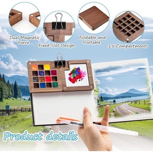 Mini Watercolor Travel Set, 2025 New Watercolor Kit, 24 Color Pocket Artist Watercolor Travel Set with, Wooden Grid Paint Box for Painters Artists and Students (Walnut -15 Grids) thumbnail 4