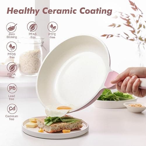 SENSARTE 9.5In Nonstick Ceramic Frying Pan with Lid, PFAS/PTFE Free, Pink | Ceramic Omelette Pan Skillet, Healthy Non-toxic Chef's Pan, Induction Compatible Pan, Heat Resistant Handle thumbnail 4
