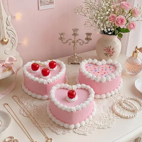 Nosiny 3 Pcs Heart Cake Jewelry Box Coquette Fake Cherry Cake Trinket Box Decor Cute Kawaii Home Pink Decorative Storage Gifts for Women thumbnail 3