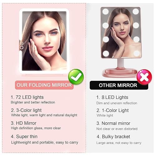 deweisn Folding Travel Mirror Lighted Makeup Mirror with 72 LEDs 3 Colors Light Modes, USB Rechargable, Portable, Ultra Thin, CompactVanity Mirror with Touch Screen Dimming for Cosmetic (Pink) thumbnail 6