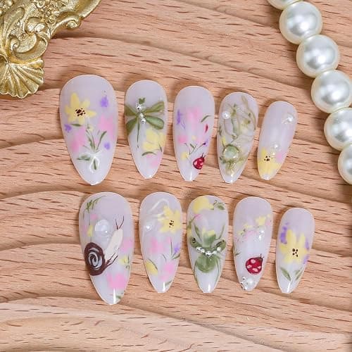 LBPEPAMZ 30Pcs Colorful Flower Press On Nails Medium Almond Fake Nails with 3D Water Drop Pearl Design Spring Summer Floral Gold Line False Nails Snails Dragonfly Butterfly Stick on Nails for Women thumbnail 3