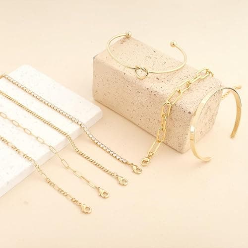 Zalcon Gold Bangle Cuff Knot Bracelet for Women Stack Non Tarnish Gold Plated Cubic Zirconia Tennis Bracelets Jewelry Set for Women Trendy thumbnail 4