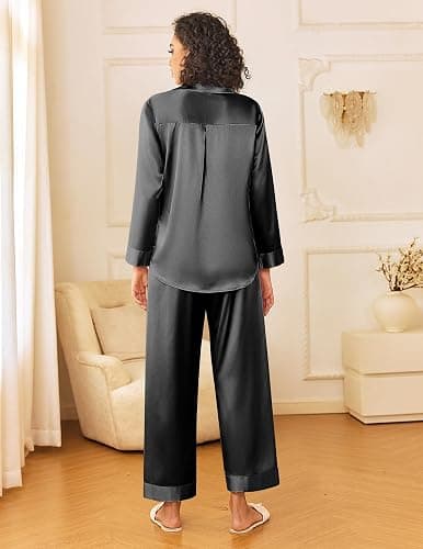 Ekouaer Womens Silk Satin Pajama Sets 2 Piece Sleepwear Pjs Set Long Sleeve Button Down Top and Pants Stripe Loungewear S-XXL thumbnail 2