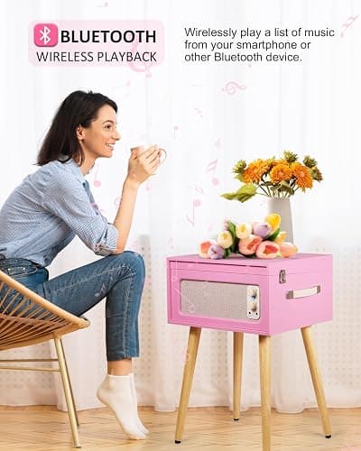 Vintage Standing Pink Vinyl Record Player with Detachable Legs, Built-in 4 Speakers, USB to PC Encoding, 33/45/78 RPM LP Player Bluetooth Retro Turntables Support Headphone Jack, RCA Out, AUX in thumbnail 9