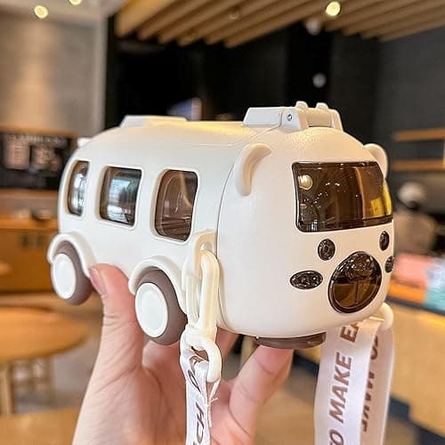 Portable Water Cup in Bus Shape, Water Cup in Bus Shape with Strap 16.9 Oz, 360° Leak-Proof Portable Water Bottle, Cute Cartoon Flip Top Straw Water Bottle for Kids, Sports Travel (White) - Image 1
