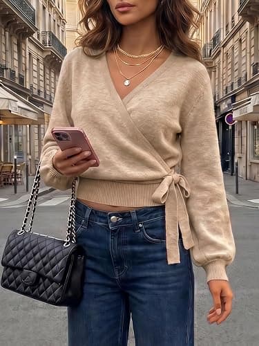 Fisoew Womens V Neck Wrap Cardigan Sweaters Casual Tie Belted Long Lantern Sleeve Slim Fit Knit Crop Pullover Tops thumbnail 5