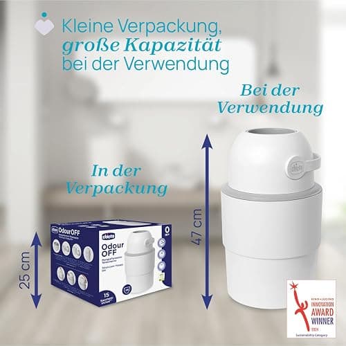 Chicco Telescopic Nappy Eater Compact Odour Control, Diaper Disposal, Foldable Storage Basket and Space-saving, No Refills, Normal Bags are Used, White thumbnail 2