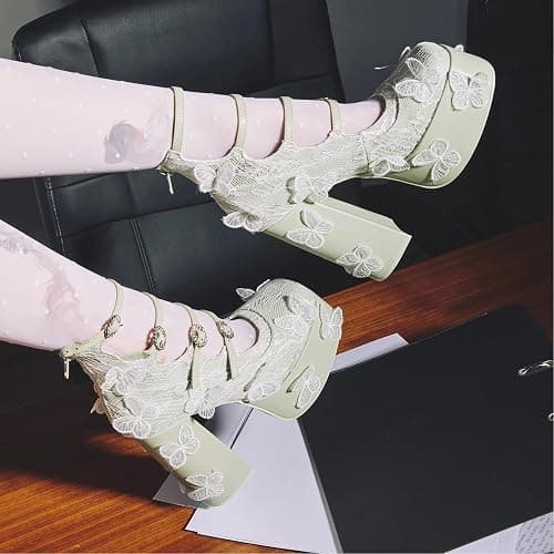 KISTANIA Women's Platform Chunky Heels with Lace Butterfly Square Toe Ankle Strap Mary-Jane Platform Pumps thumbnail 6
