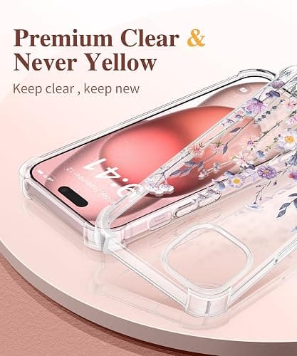 GVIEWIN for iPhone 15 Case Floral, with Screen Protector&Camera Lens Protector,[Non Yellowing] Soft Shockproof Clear Phone Protective Cover for Women, Flower Pattern Design 6.1" (Floratopia/Colorful) thumbnail 3