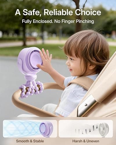 SWEETFULL Portable Stroller Fan, Pinch-Proof Baby Fan - Purple | Wide Turbine Airflow; Safe Design; LED Display; 5-Speed; 30dB Quiet; USB-C Rechargeable; Mini Clip On Fan for Car Seat & Bed thumbnail 3