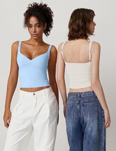 QINSEN Women's V Neck Tank Tops Double Lined Adjustable Strap Camisole Shirt thumbnail 3