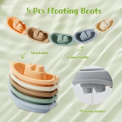 Mold-Free Baby Bath Toys 9PCS | Safe, Easy Clean & Fun Stackable Boats & Silicone Bath Toys for Babies 6-12M & Kids Ages 1-3 | Non-Toxic Bathtub, Pool & Water Table Toys for Babies and Toddlers thumbnail 5