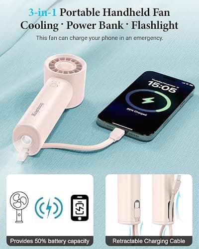 bossdeng Portable Fan with Power Bank & Flashlight-Pink | 6.5H Max Cooling,USB-C Rechargeable,Mini Fan for Outdoor/Travel/Beach/Concerts/Summer.Gifts for Girl,Women. thumbnail 3