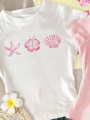 RoseSeek Girl's Shirts 3 Packs Graphic Tees Vacation Hibiscus Top Crewneck Short Sleeve Cute Tops Summer Slim Fit T Shirt thumbnail 2