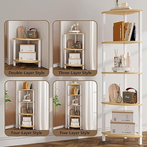 VIMBER Corner Shelf, 5-Tier Corner Bookshelf, Industrial Corner Ladder Shelf, Rustic Display Shelf for Living Room, Bedroom, Kitchen, Home Office, White and Nature Wood Color UJSJ001Q - White and Nature Wood - 5-Tier thumbnail 4