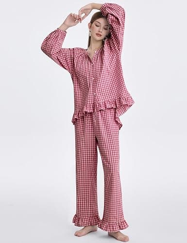 COZYPOIN Womens Plaid 2 Piece Pajamas Sets Cotton Gingham Puff Long Sleeve Babydoll Shirt Ruffle Pants Y2K Pjs Lounge Set thumbnail 5